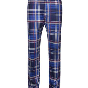 A pair of blue plaid pants with white and red stripes.