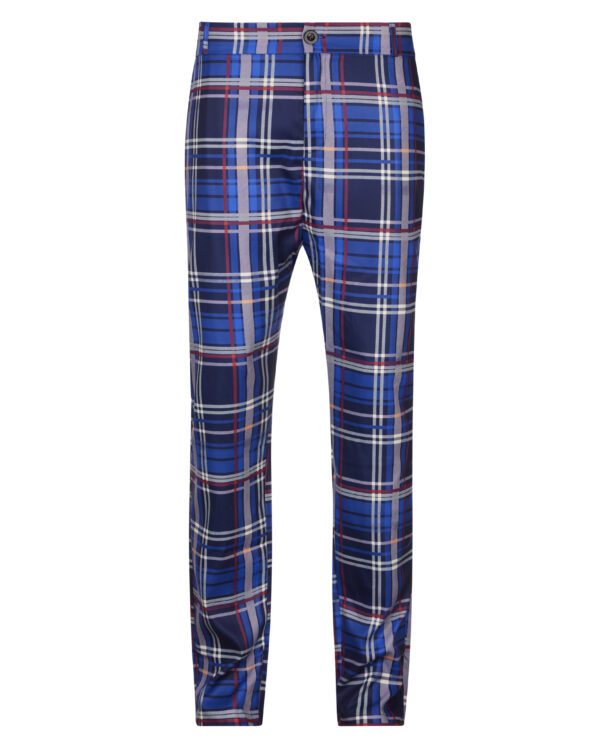 A pair of blue plaid pants with white and red stripes.