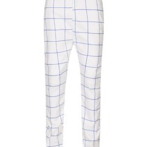 A pair of white pants with blue squares on them.