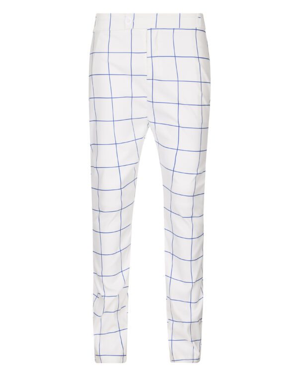 A pair of white pants with blue squares on them.