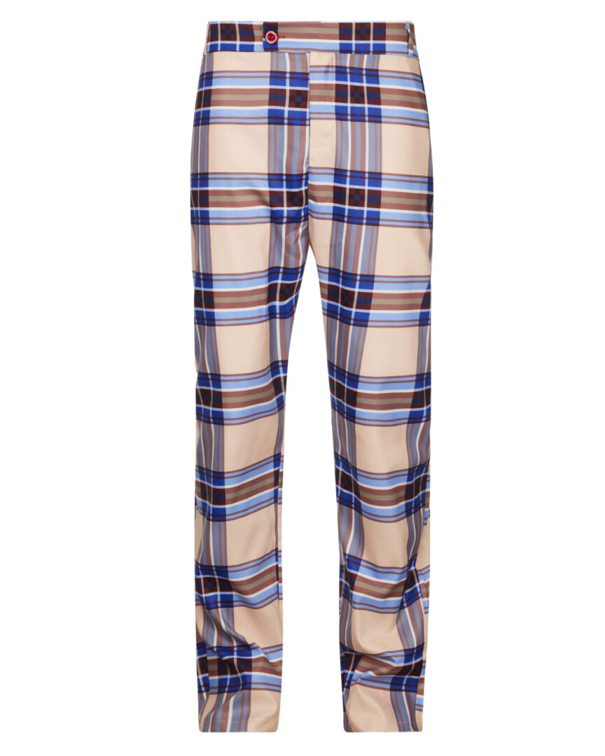 A pair of blue and white plaid pants.