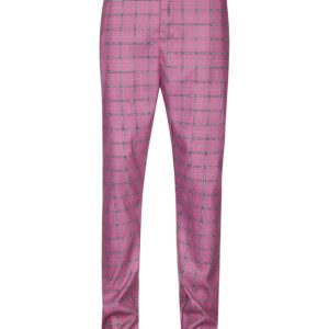 A pair of pink pants with squares on them.