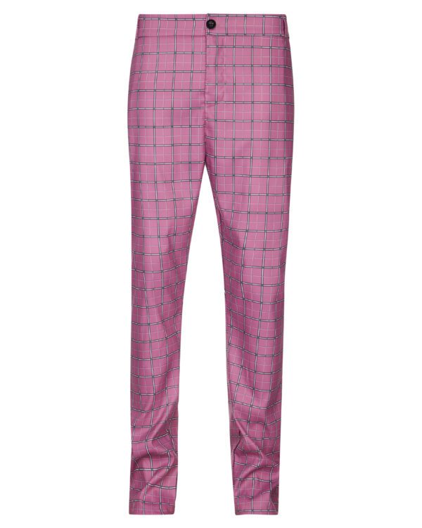 A pair of pink pants with squares on them.