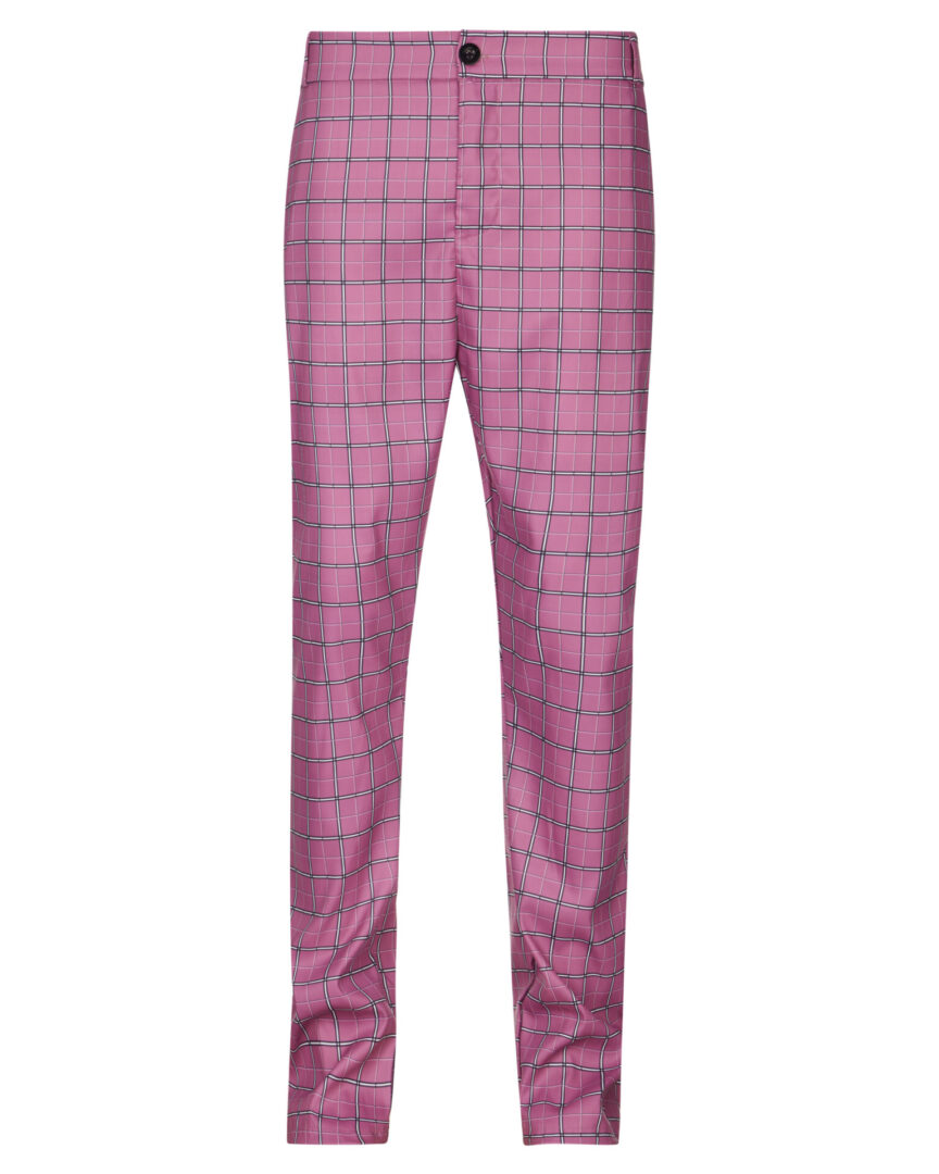 A pair of pink pants with squares on them.