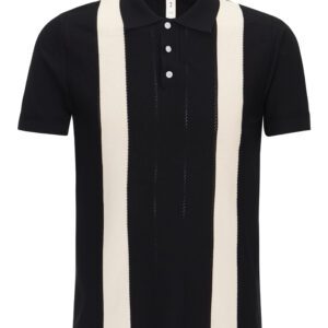 A black and white striped polo shirt is shown.