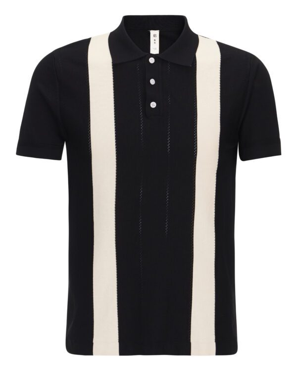 A black and white striped polo shirt is shown.