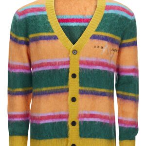 A yellow, green and pink striped cardigan.