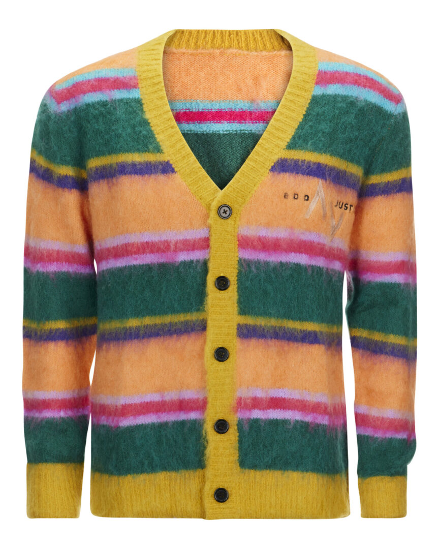 A yellow, green and pink striped cardigan.