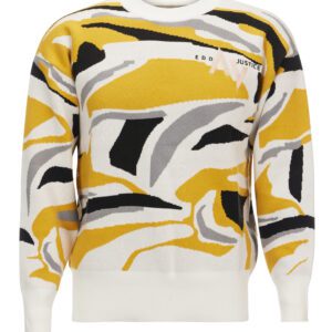 A white sweater with yellow, black and grey patterns.