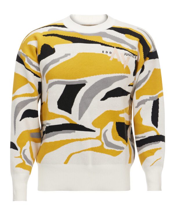 A white sweater with yellow, black and grey patterns.