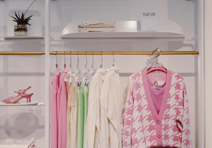 A pink and white jacket hanging in front of other clothes.